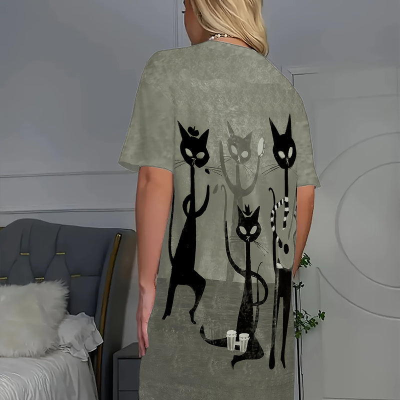 Little Cat in a Crown' Printed Long T-Shirt Short-Sleeved | SAMAG