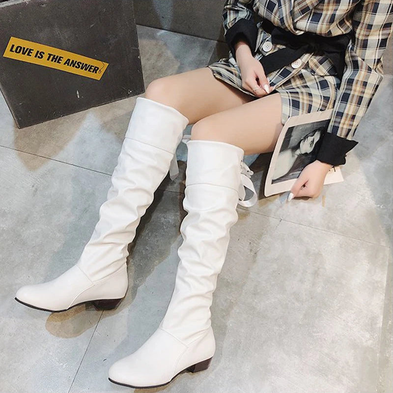 2023Shoes For Women  Knee High Boots Red Black White Tall Boots Woman Pleated Low Heel Casual Leather Female Long Shoes