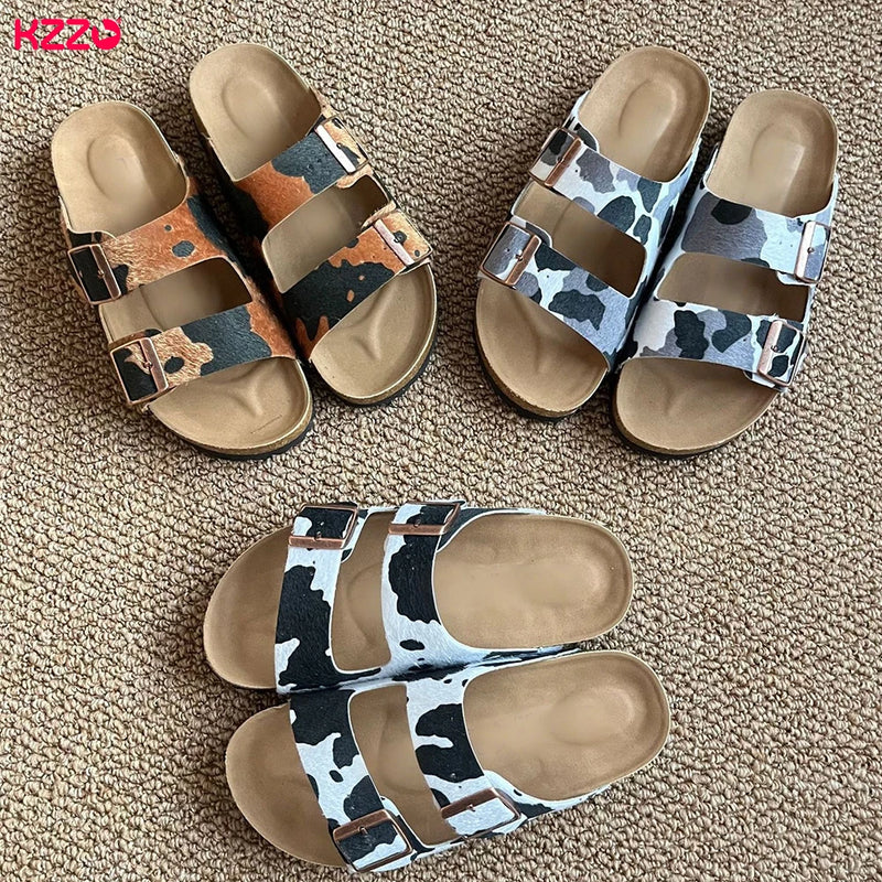 KZZO Horse Hair Genuine Leather Women Mules And Clogs Adjustable Buckle Cork Footbed Comfort Casual Outdoor Slippers Non-Slip