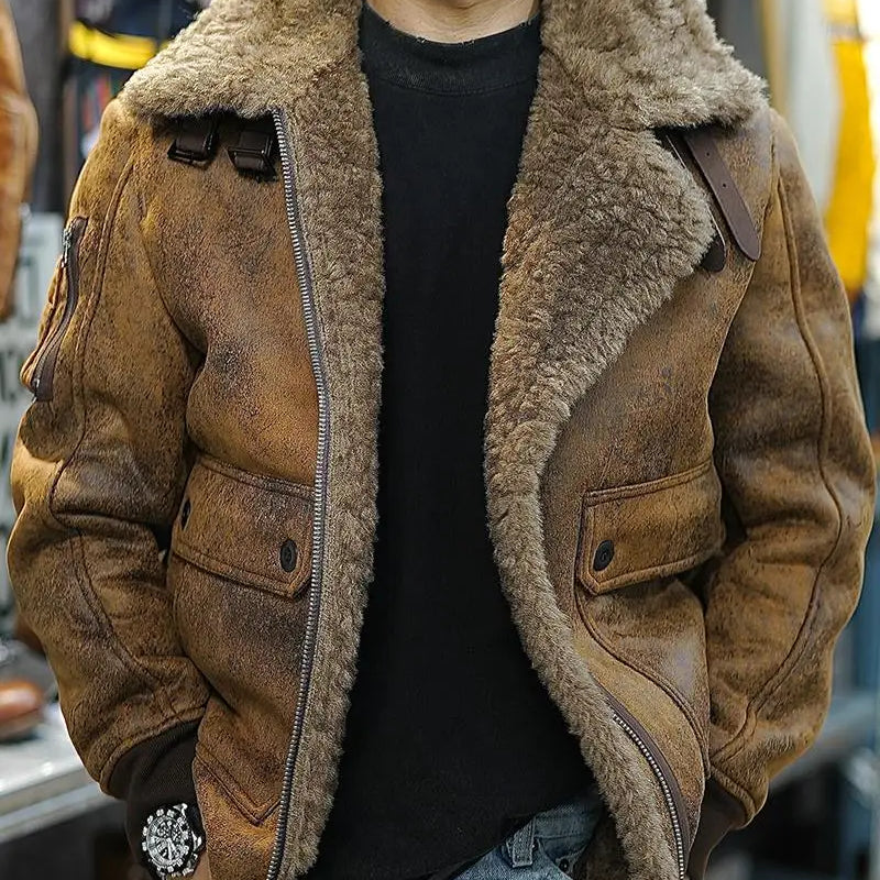 100% Polyester Winter Shearling Trucker Jacket for Men Thermal Warm Thickened Suede Lambskin American Vintage Motorcycle Coats