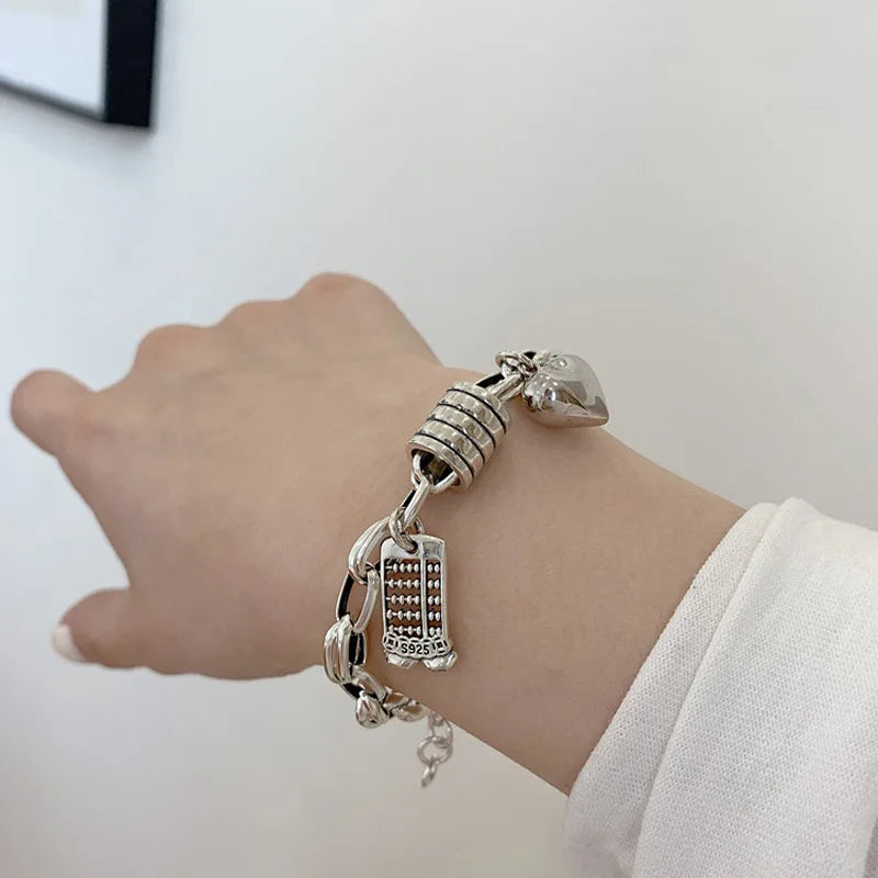 VENTFILLE 925 Sterling Silver Thai Silver Bracelet for Women Vintage Geometric Heart Love Lucky Punk Jewelry 2023 New Dropship