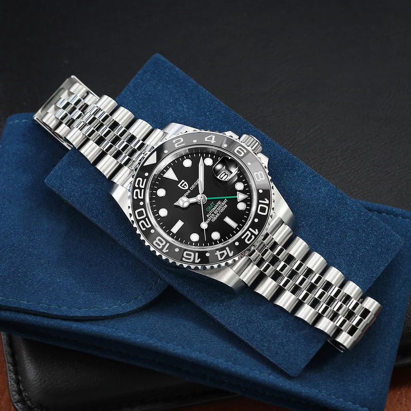 Top PAGANI DESIGN PD1662 Men GMT Automatic Mechanical Watch Black Ceramic Bezel Sapphire Glass 100M Waterproof Jubilee Stainless Steel Bracelet Sports Diver Wristwatch Reloj Hombre+gift box