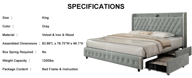 GEGOFORU Queen LED Bed Frame with Galaxy Projector, Bluetooth Speaker, USB Ports, 4 Drawers, No Box Spring Needed, PU Black