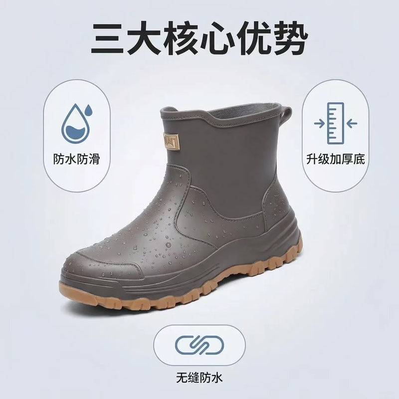 New anti slip and waterproof rain shoes for men, fashionable short tube autumn and winter cotton rain boots, work boots, rubber