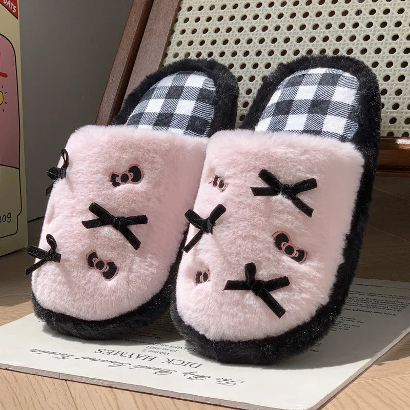 Bow Fluffy Women's Home Slippers Winter Luxury Designer Woman Shoes Fashion Plush Indoor Flats Cartoon Casual Fuzzy Fur Slides