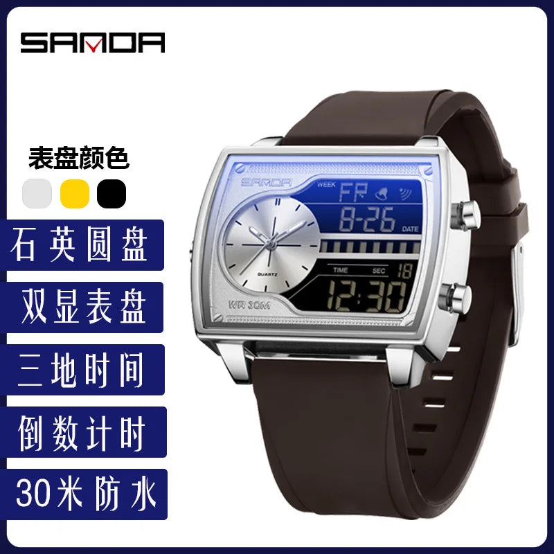 Sanda Men's Watch Fashionable Multifunctional Luminous Waterproof，Three Time Zones, Alarm Clock, Dual Display Electronic Watch
