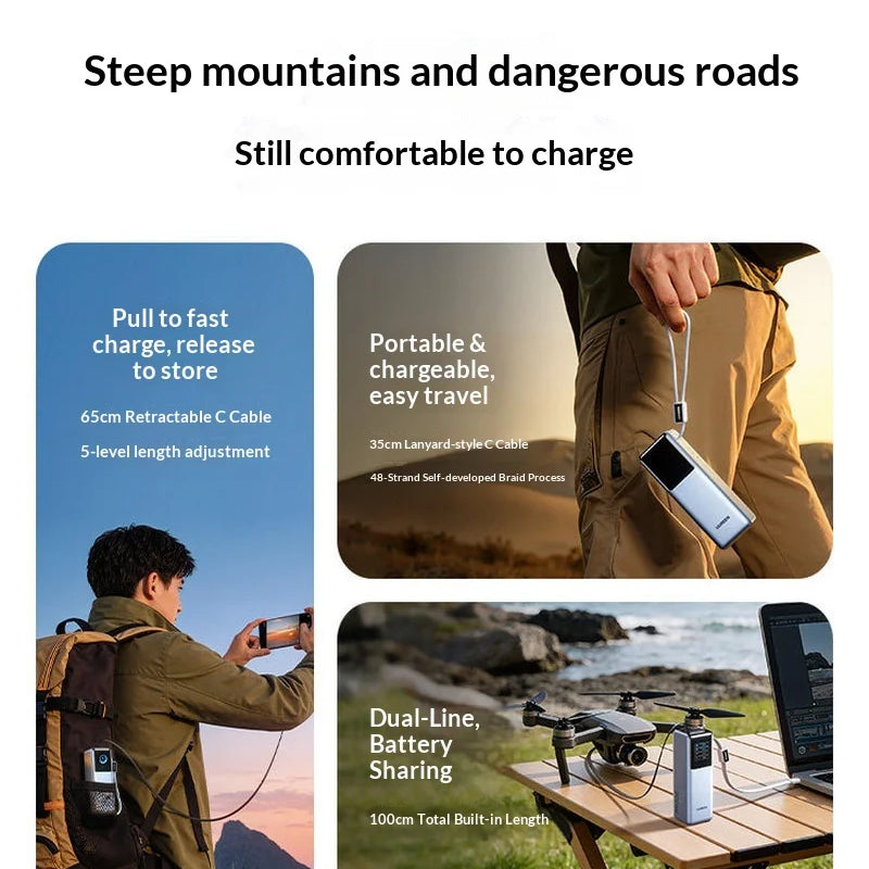 2026 NEW Ugreen PB728 200W 25000MAH Portable Power Bank With Screen And 65cm Data cable Cell Phone Power Bank PC+ABS Laptop PC