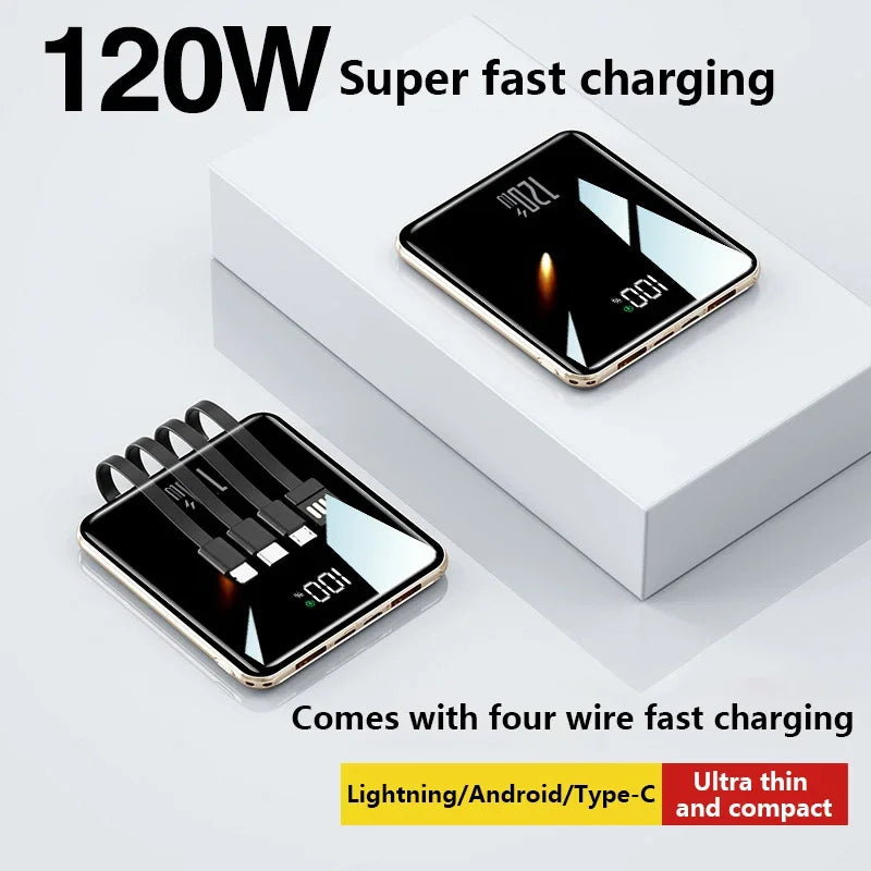 Lenovo New 500000mAh Mini Power Bank Built-in 4 Cables Large Capacity Super Fast Charging External Battery for IPhone Samsung