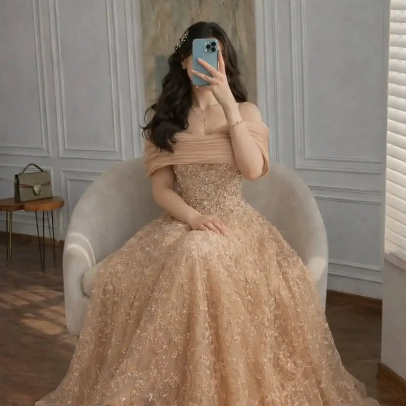 Customized Luxury Off the Shoulder A-line Prom Dress Sequined Appliques Dubai Evening Dresses Tulle Formal Party Gown 2026