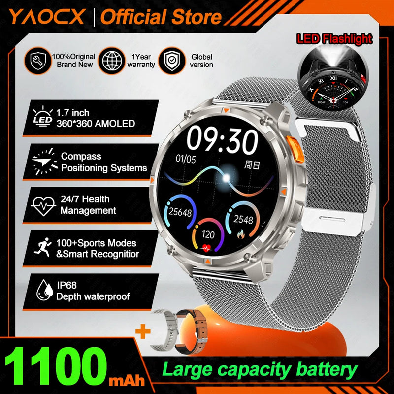 NEW 1100mAh Battery Sports Smart Watch Compass IP68 Waterproof Outdoor Flashlight Voice Assistant Heart Rate BT Call Smart Watch