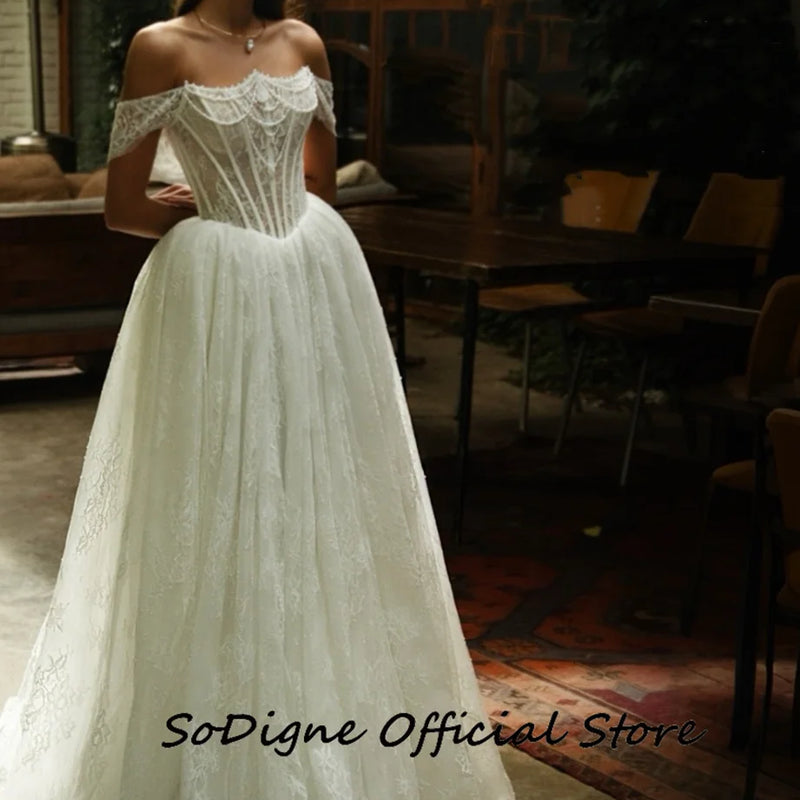  SoDigne A - line Off Shoulder Lace Wedding Dresses - View 2 | SAMAG