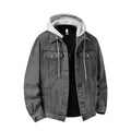 Autumn Men's Green Hooded Denim Jacket, Detachable Hood, Available in Gray, Black, and Blue.