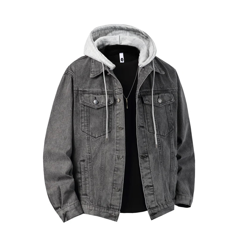 Autumn Men's Green Hooded Denim Jacket, Detachable Hood, Available in Gray, Black, and Blue.