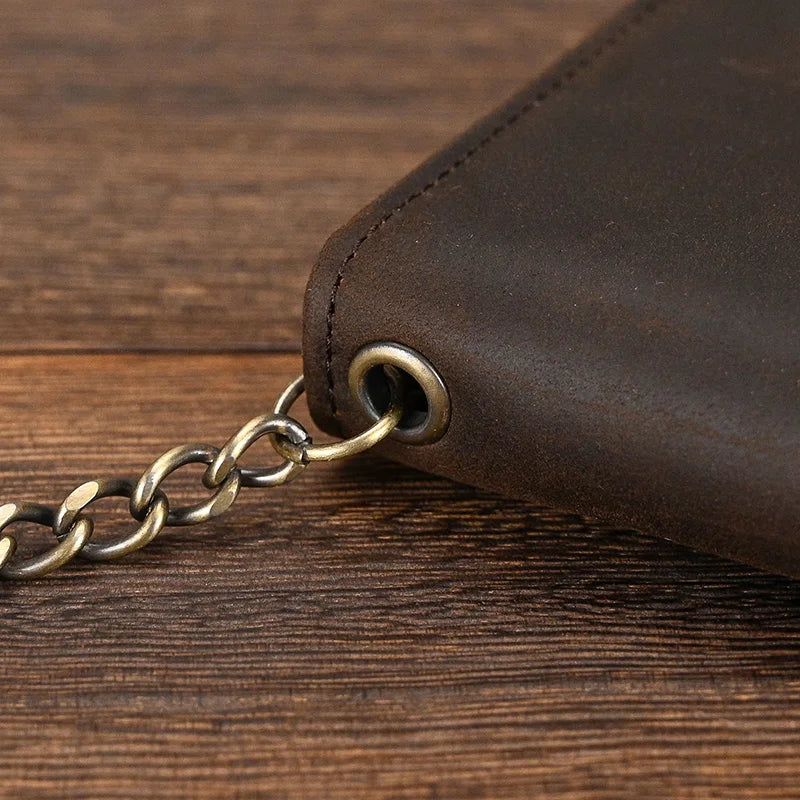 Men's Vintage Crazy Horse Leather Chain Wallet Genuine Leather Bifold Long Wallet Snap Card Holder Purse Zipper Coin Rfid Pocket