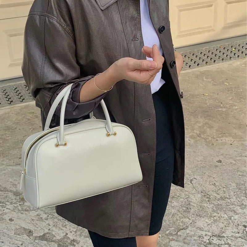 2025 Boston bag women genuine leather handbag new trendy  maillard niche design large-capacity commuter retro bowling tote bag