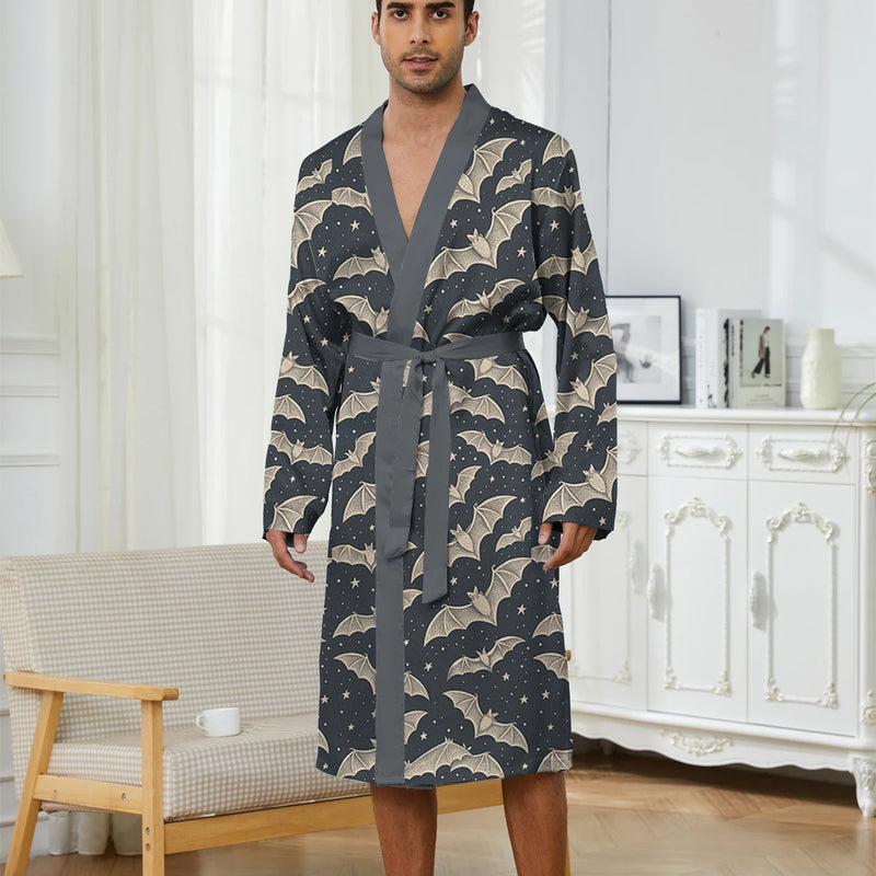 Spring and Autumn Men's Long Nightgown with Digital Printed Bat Pattern, A Comfortable Home Casual Bathrobe Men.