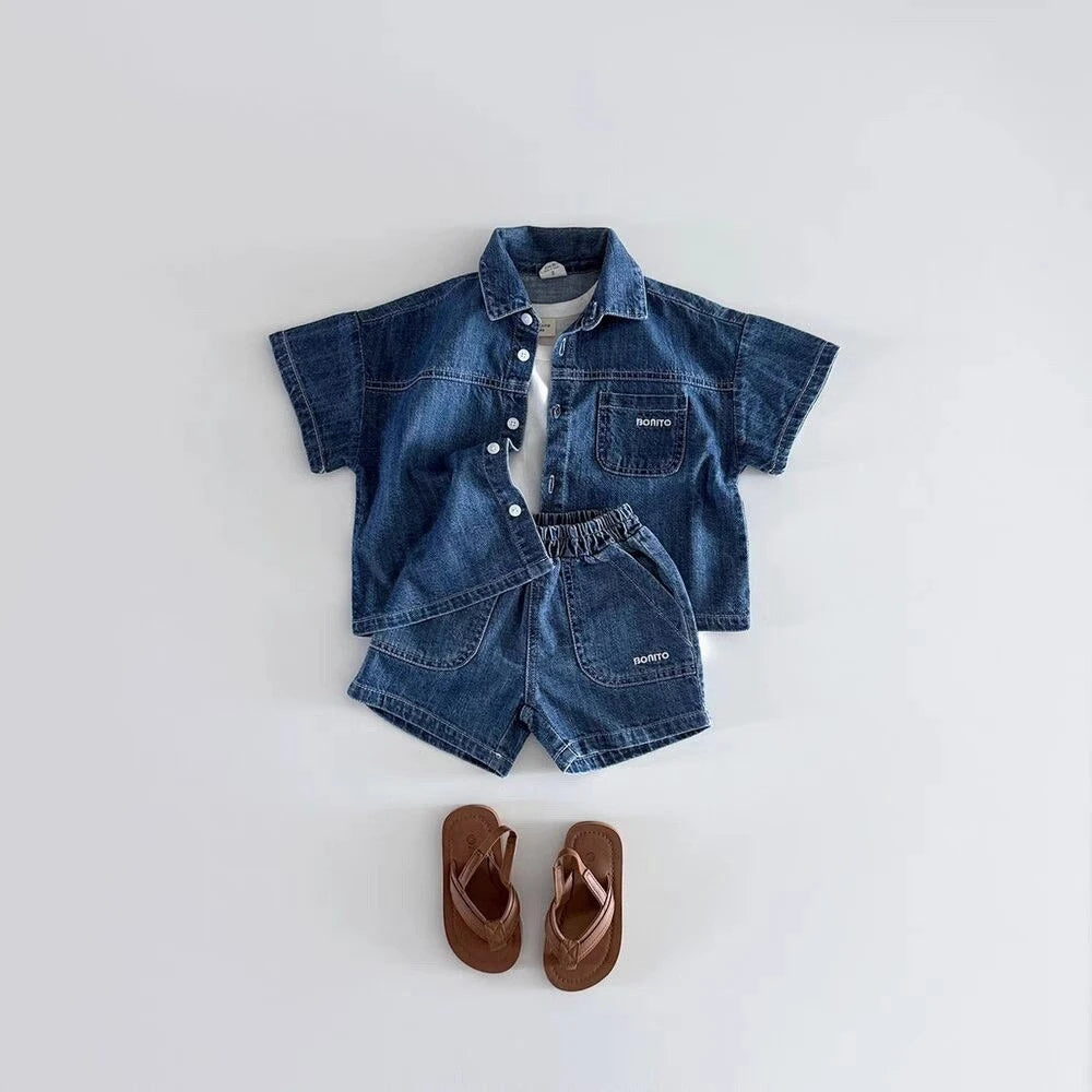 TZ2638 Korean Style Baby Boys Girls Short Sleeve Denim Shirt Shorts Set Summer Fashionable Cute Two-Piece Outfit for Toddlers