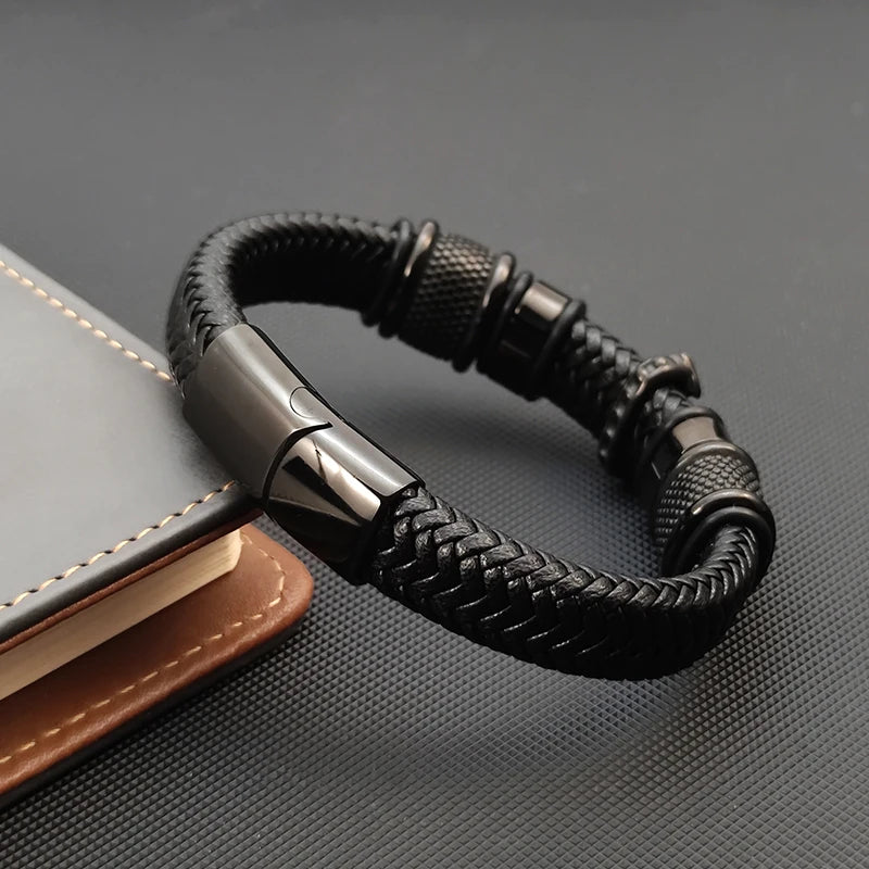 Dark Series Men's Leather Cross Bracelet New Fashion Hand-woven Rope Multi-layer Combination Stainless Steel Male Jewelry Gift