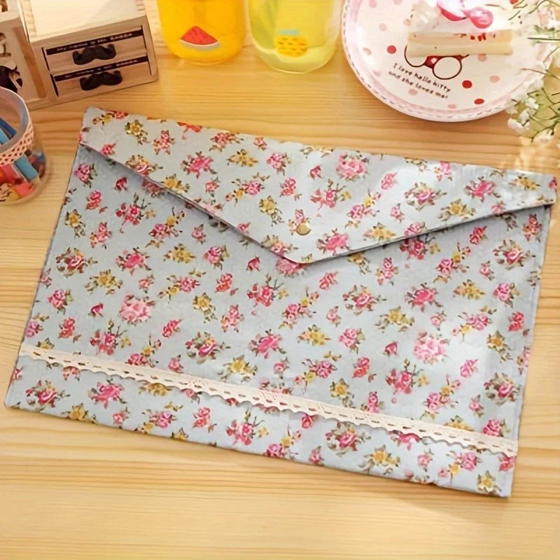 1PC A4 File Folder Elegant Little Flowers Fabric Paper Holder Floral Large Capacity Document Bag Filing Briefcase Organizer Bag