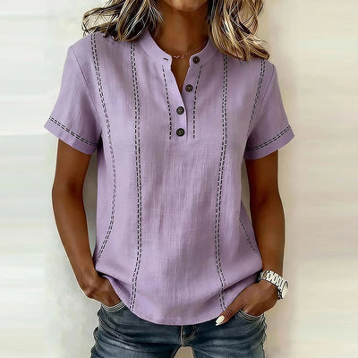 Elegant Women Blouse Shirt V Neck Button Patchwork Short | SAMAG