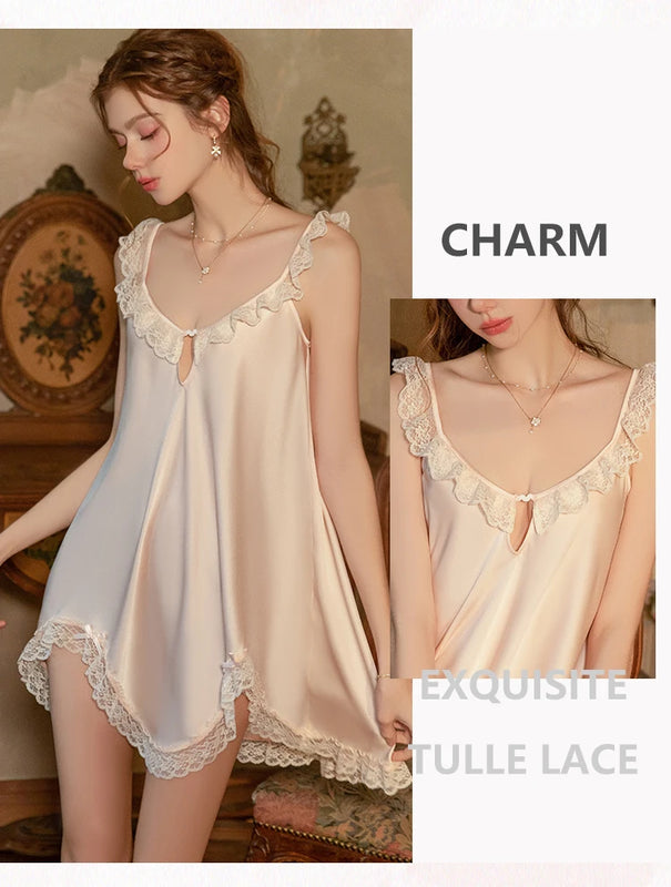 Magdalyn Women Sexy Irregular Lace Strappy Sundress Sleepwear Pajamas Nightgown Fashion Solid Loose Erotic Spaghetti Strap Dress