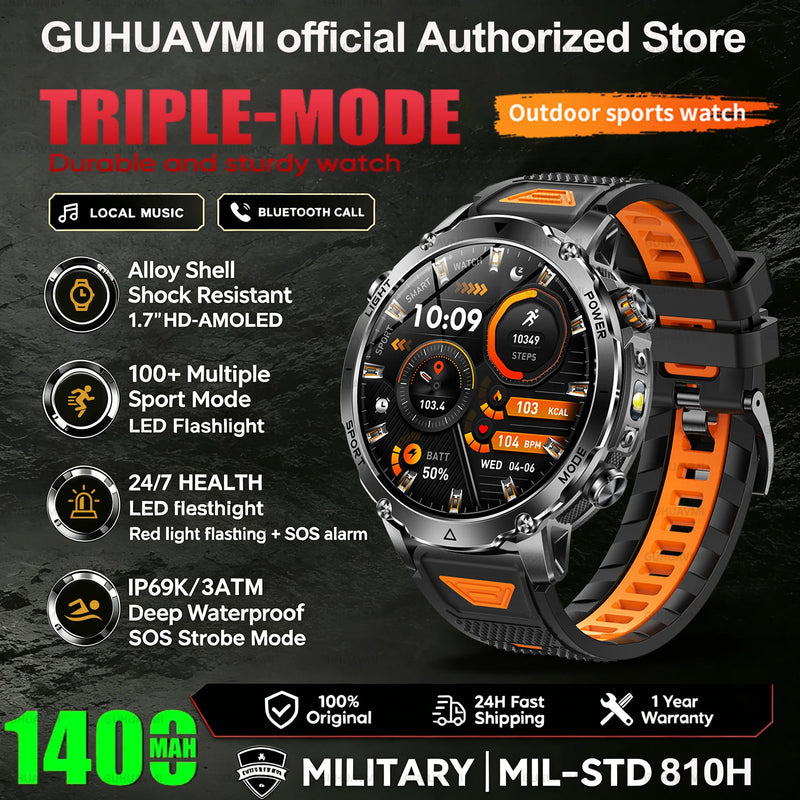 New 1400mAh Battery Sports Smart Watch 1.7” SOS+Flashlight Exercise Record Bluetooth Call Waterproof Health Watch For Android iO
