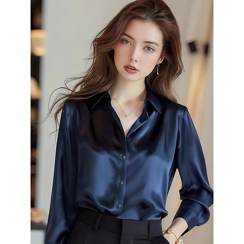 Ele Purple Silk Satin Long Sve Women's irt Profional Faionable Commuting Sle Autumn New Arrival Loose Fit Pol...