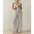 Combhasaki Women Floral Print 2Pcs Loungewear Pjs Set Fly Sleeve Front Bow Tied Ruffle V-Neck Crop Tops+Elastic Waist Long Pants