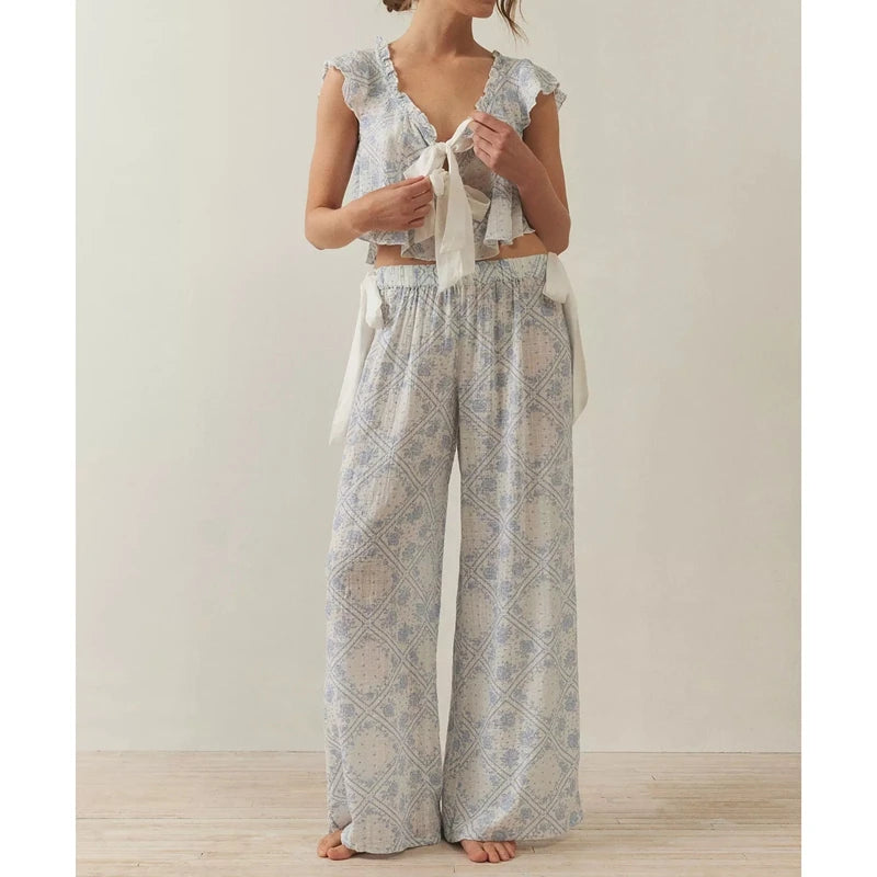 Combhasaki Women Floral Print 2Pcs Loungewear Pjs Set Fly Sleeve Front Bow Tied Ruffle V-Neck Crop Tops+Elastic Waist Long Pants