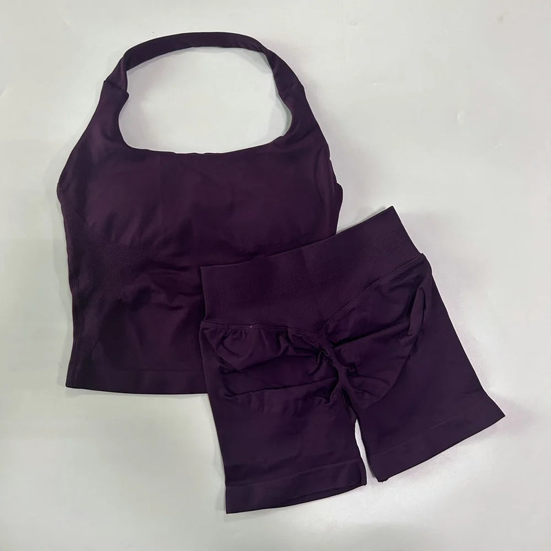 1-2pcs Gym Set Women Backless Tank Tops High Waist Scrunch Seamless Shorts High Waist Yoga Leggings Workout Sets Gym Suit