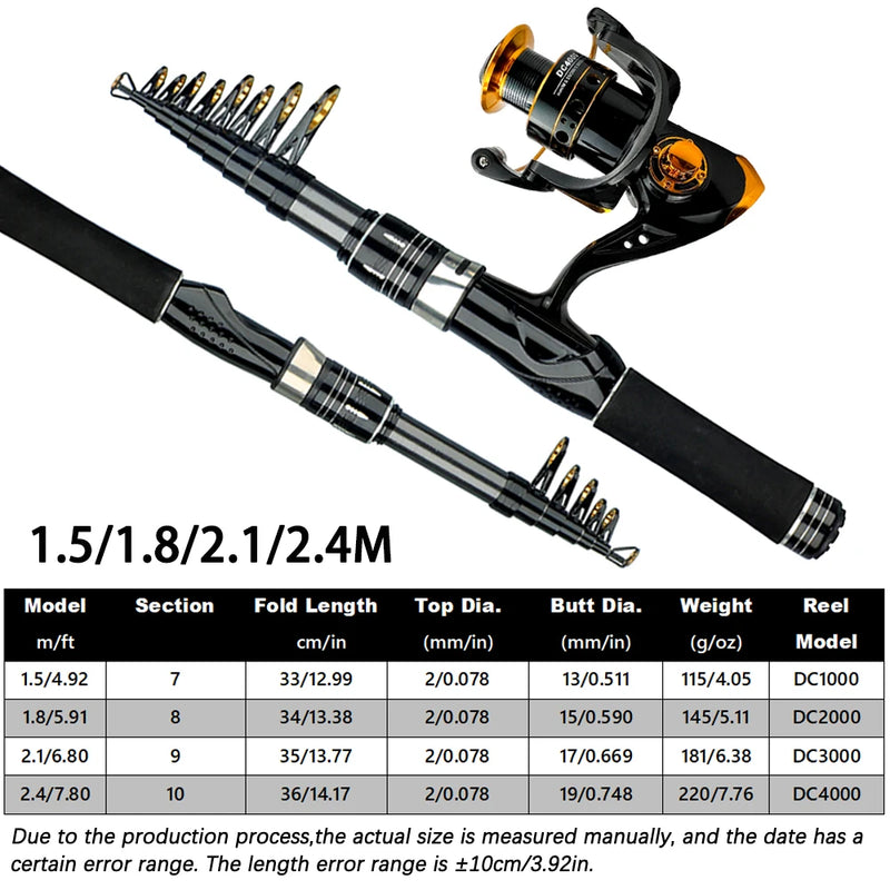 1.5/1.8/2.1/2.4M Fishing Rod Reel Set Ultra Light Carbon Fiber Rod and 5.2:1 Gear Ratio Reel Travel Sea Freshwater Fishing Set