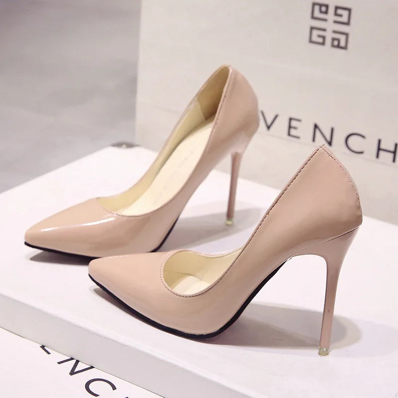 New women's Pumps Female Fashion Patent Leather Sexy Pointed Toe high heels Large size work shoes Wedding Shoes Size 44