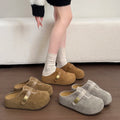 Women Lady Suede Flat Clogs Mules Slides with Gold Buckle Closed Toe Slip on Shoes Casual Fashion Footwear Slippers Shoes Woman