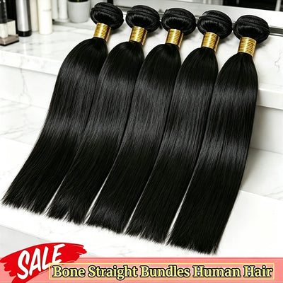 12A Bone Straight Double Drawn 100% Human Hair Bundles Weave Raw Virgin Hair Extensions #1B Natural Black Color Can Bleach For Women