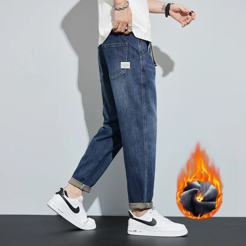 Winter Dark Blue Fleece Jeans for Men Black Loose | SAMAG