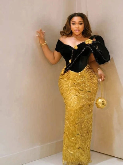 Luxury African Evening Dresses For Women Black Gold | SAMAG