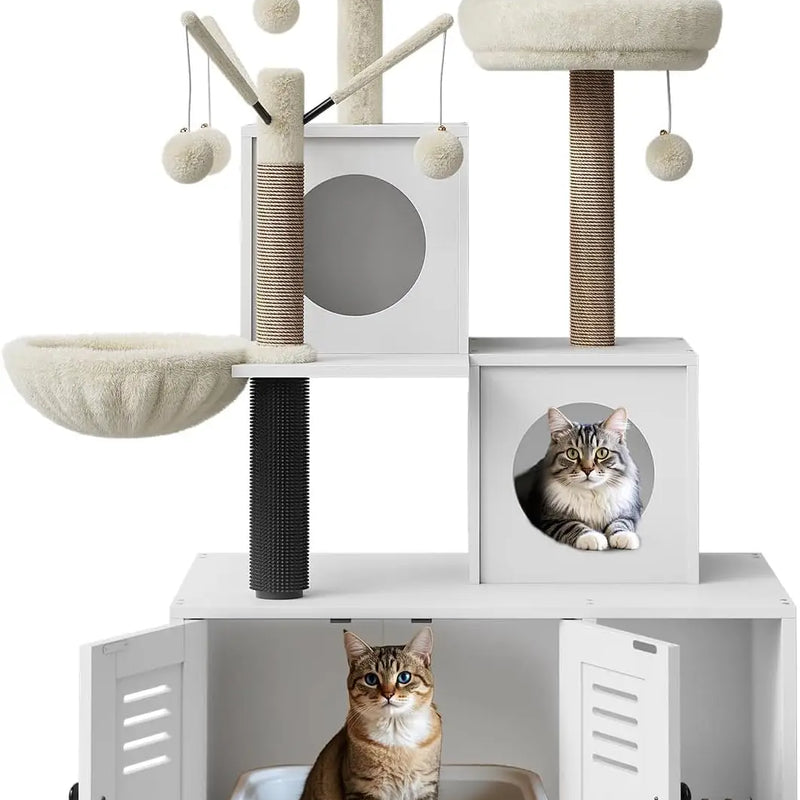 Garvee Large Cat Tree and Tower for Indoor Cats With Hidden Washroom Cabinet,Post,Perch&Brush Spacious Hammock Padded Perches and Condos Cat Toys