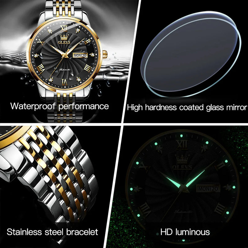 OLEVS Watch for Men 100% Original Automatic Mechanical Man Watches Steel Strap Waterproof Wristwatches Men's Luxury Brand Watch