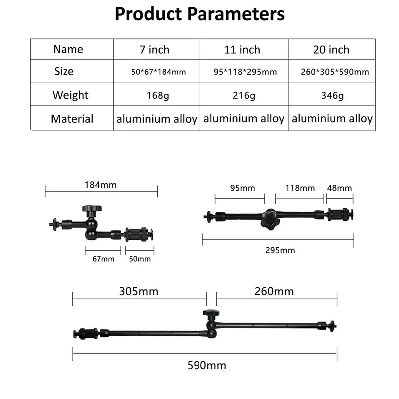 7/11/20 Inch Metal Articulating Magic Arm Super Clamp Holder Stand for DSLR Camera Monitor Phone Studio Photography Accessories