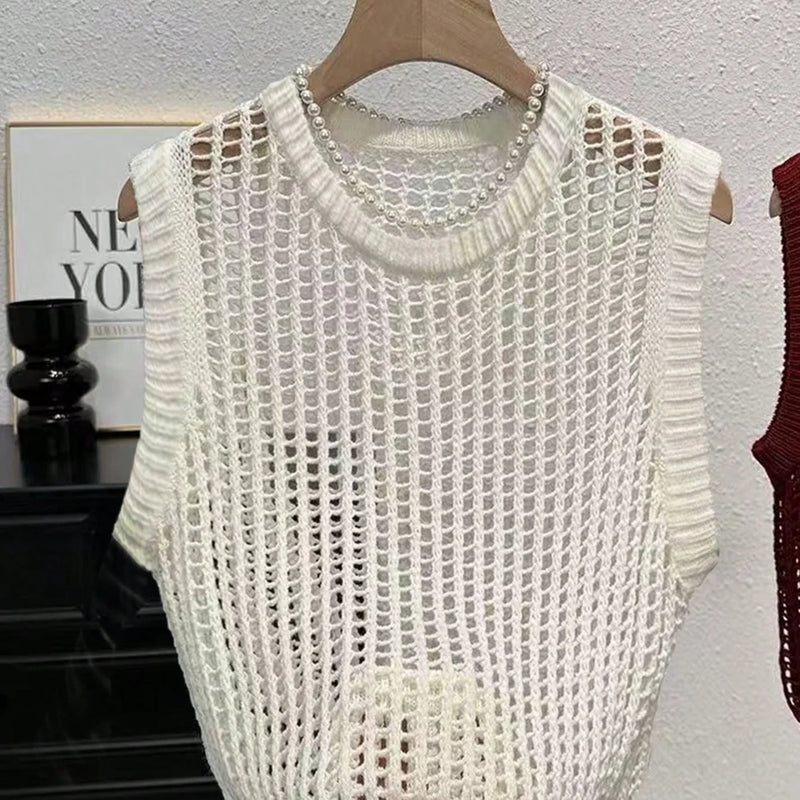 Women's White Hollow Out Knit Vest, Crew Neck Sleeveless - View 5 | SAMAG