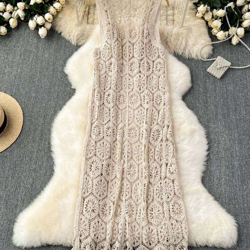 Longline Crochet Cardigan Button Front Sleeveless Sheer Open-knit Long Cover-up Jacket Women Summer Beach Vacation Outfit