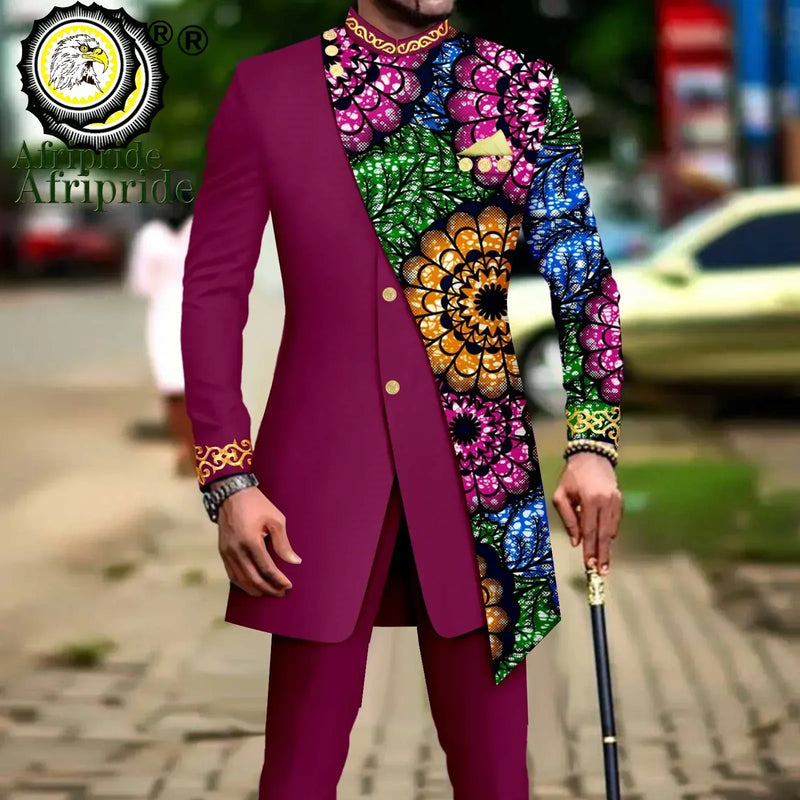African Suits for Men Embroidery Print Blazer and Pants Set Business Dress with Kerchief Party Wedding - View 15 | SAMAG