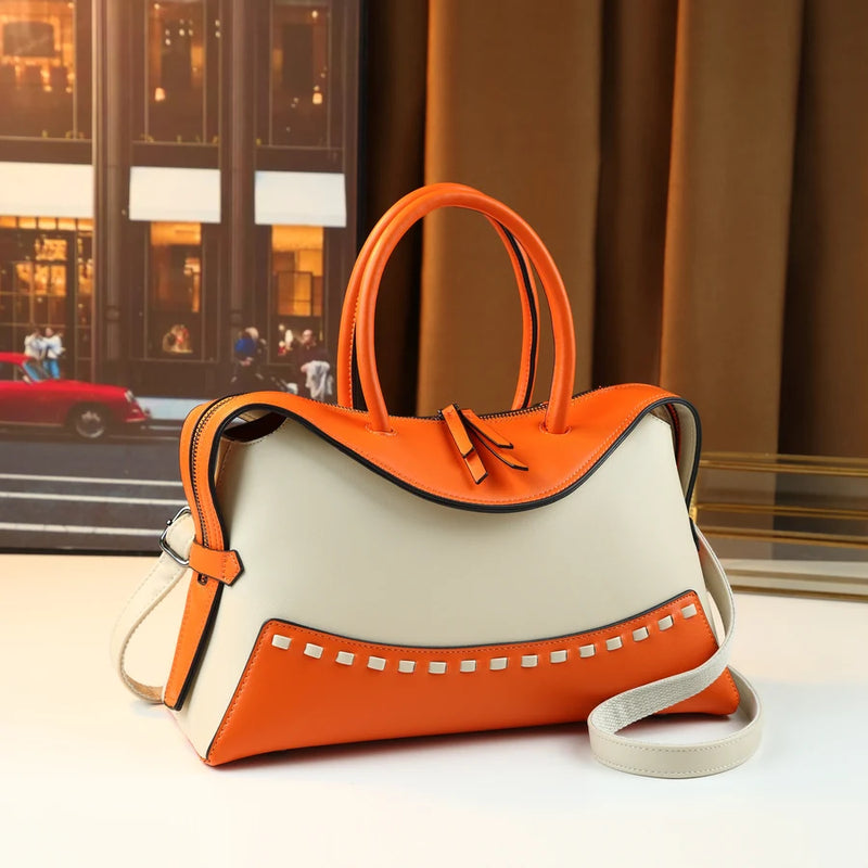 Cross-border contrasting splicing Boston handbag women's fashionable new retro women's large-capacity pillow bag
