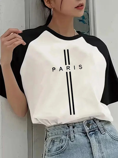 Women's Paris France Letter Print Crew Neck Short Sleeve | SAMAG