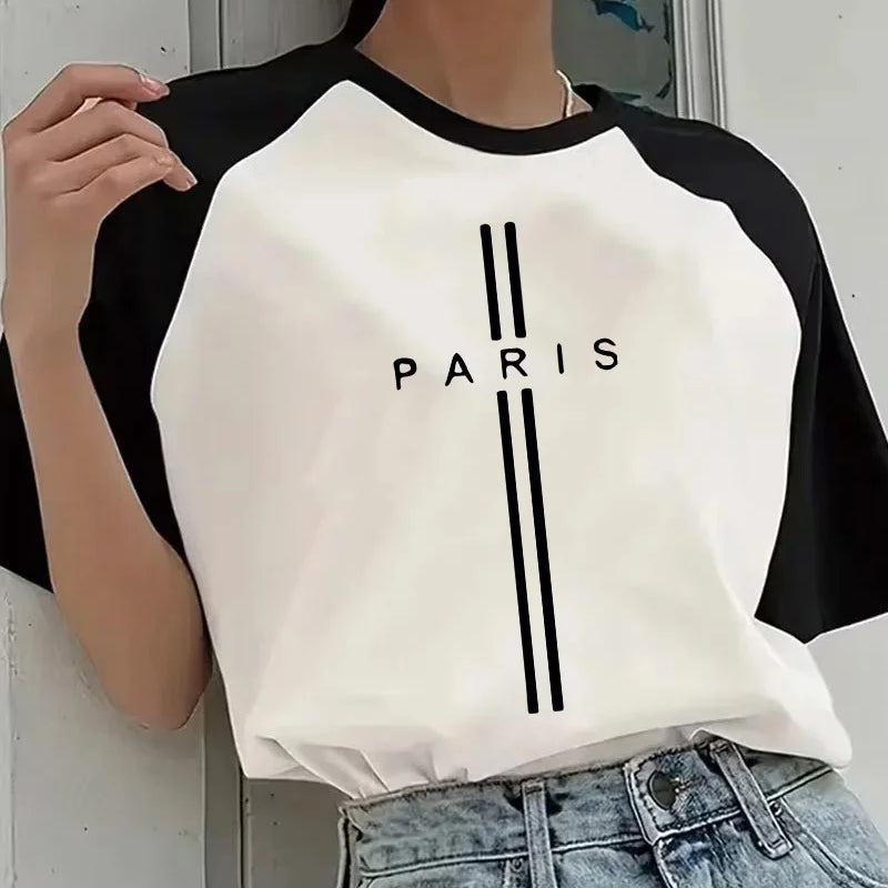 Women's Paris France Letter Print Crew Neck Short Sleeve T Shirt 90s Y2k Korean Style Tee Tops Casual Graphic T-Shirt Clothing