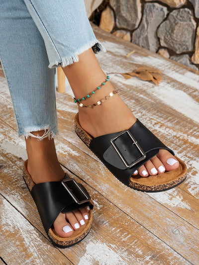 Women's Summer Spring & Fall Casual Simple Large Buckle Pu Upper Soft Wood Grain Comfortable Flat Heel Slip-On Beach Slippers