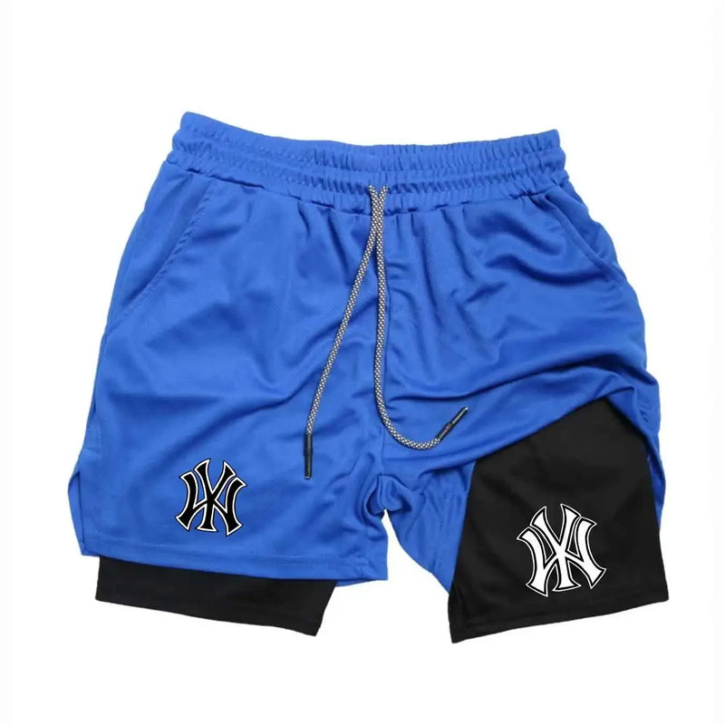 Men's tight fitting sports shorts, printed sports shorts, double-layer 2-in-1 quick drying basketball muscle fitness shorts