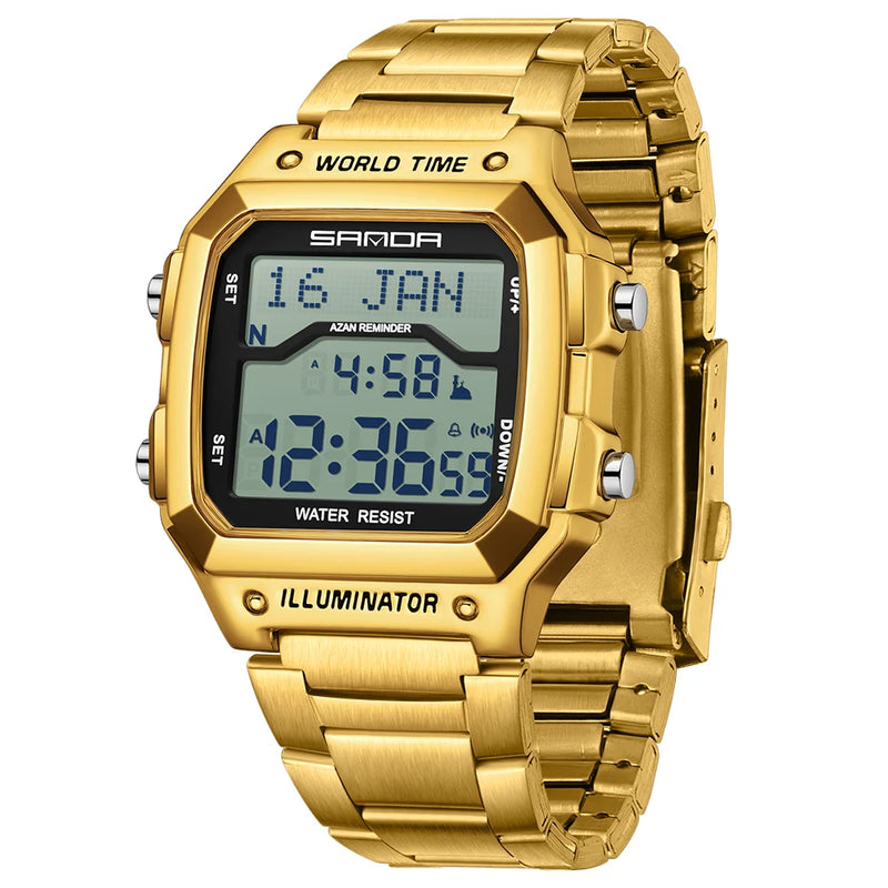 SANDA Fashion Digital Sport Watches Men Waterproof Stopwatch Alarm Date Week Watch Man Golden Strap LED Square Dial Wristwatch