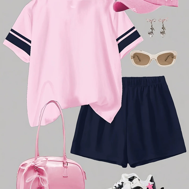 Girls' Simple Digital Print Set: Short - Sleeved T - Shirt - View 3 | SAMAG