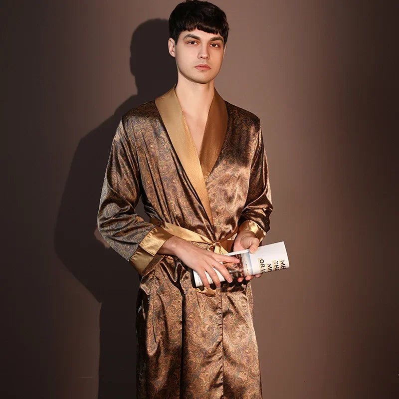 Men Summer Thin Bathrobe High Quality Nightrobes One-Piece Robe Male Loungewear Gents Spring Large Size Ice Silk Printed Pajamas